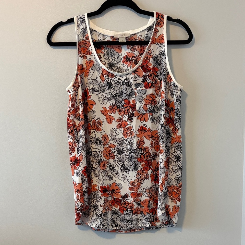 LOFT White Tank Top with Orange and Black Floral Print
